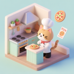 自动生成图片: A cute, minimalist isometric illustration of a cat chef in a tiny pizza kitchen, with a counter, oven, and floating pizza orders, soft pastel colors, clean lines, digital art style high quality illustration, detailed, 16:9