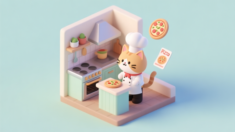 自动生成图片: A cute, minimalist isometric illustration of a cat chef in a tiny pizza kitchen, with a counter, oven, and floating pizza orders, soft pastel colors, clean lines, digital art style high quality illustration, detailed, 16:9