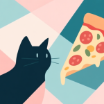 自动生成图片: Abstract geometric composition with overlapping shapes, soft pastel colors, modern minimal style, professional business concept illustration of a cat and pizza slice high quality illustration, detailed, 16:9