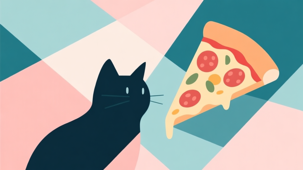 Abstract geometric composition with overlapping shapes, soft pastel colors, modern minimal style, professional business concept illustration of a cat and pizza slice high quality illustration, detailed, 16:9