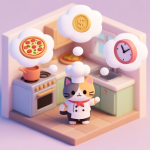 自动生成图片: A cute, slightly chaotic isometric scene of a cat chef in a small kitchen, with multiple thought bubbles showing a pizza, a coin, and a clock, in a soft pastel color palette, digital illustration style high quality illustration, detailed, 16:9