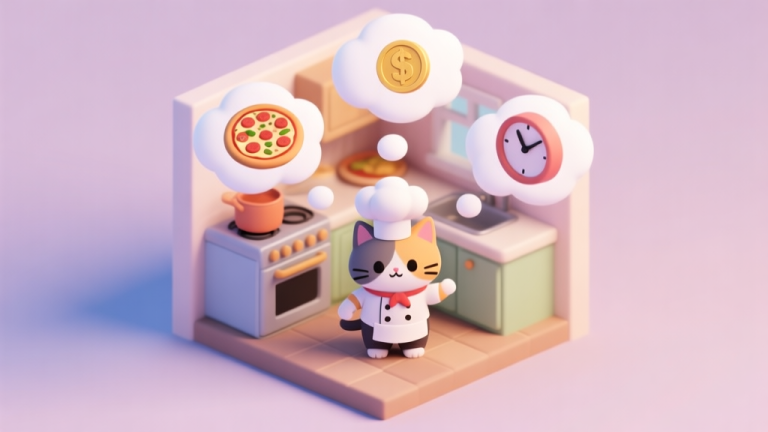 自动生成图片: A cute, slightly chaotic isometric scene of a cat chef in a small kitchen, with multiple thought bubbles showing a pizza, a coin, and a clock, in a soft pastel color palette, digital illustration style high quality illustration, detailed, 16:9