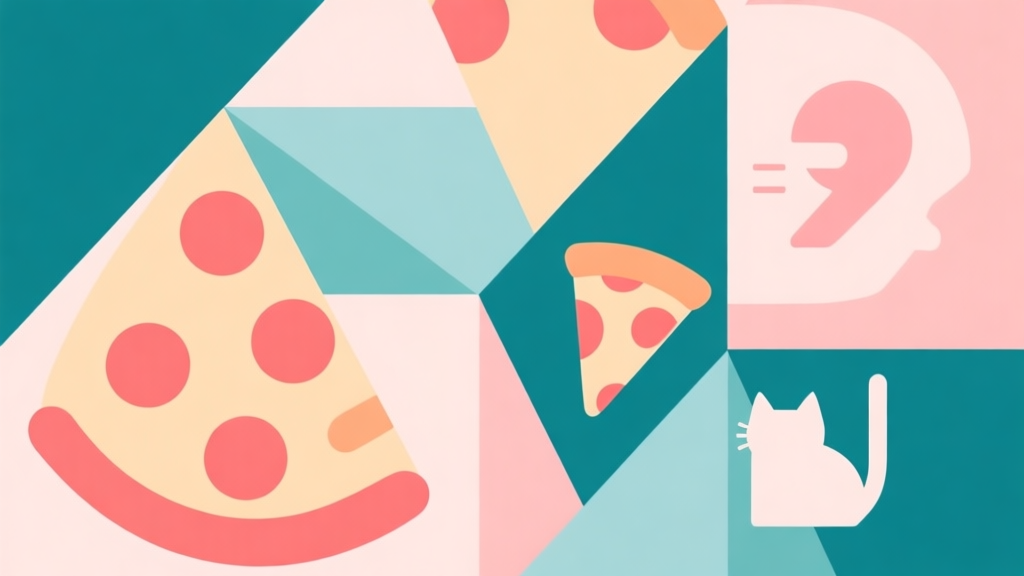 Abstract geometric composition with overlapping shapes representing game elements like pizza slices and cat icons, soft pastel colors, modern minimal style, professional psychology concept illustration high quality illustration, detailed, 16:9