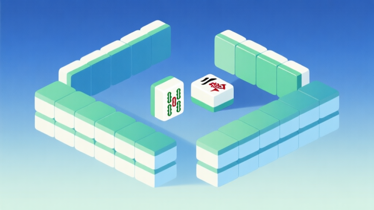 自动生成图片: Abstract geometric composition with overlapping Mahjong tiles in soft gradient, showing a solved section and a problematic blocked section, minimalist design, soft blue and green color scheme high quality illustration, detailed, 16:9