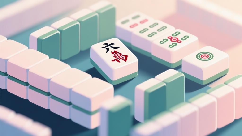 Abstract geometric composition with overlapping Mahjong tiles and soft light effects, soft pastel colors, modern minimal style, professional game concept illustration high quality illustration, detailed, 16:9