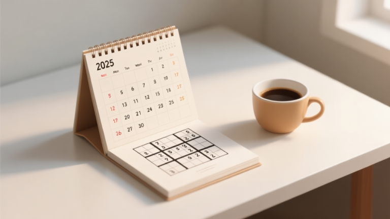 自动生成图片: A minimalist desk setup with a 2025 calendar open to a specific month, a single Sudoku puzzle elegantly integrated into the date square, a warm cup of coffee beside it, soft natural lighting, clean and inviting composition high quality illustration, detailed, 16:9