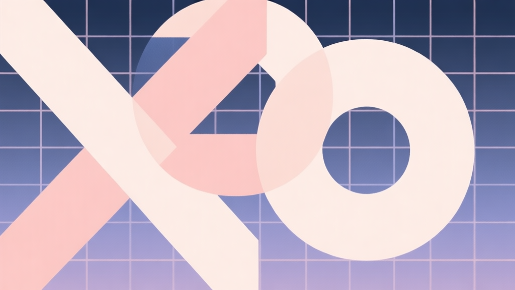 Abstract geometric composition with overlapping X and O shapes on a grid, soft pastel colors, modern minimal style, professional game strategy concept illustration high quality illustration, detailed, 16:9