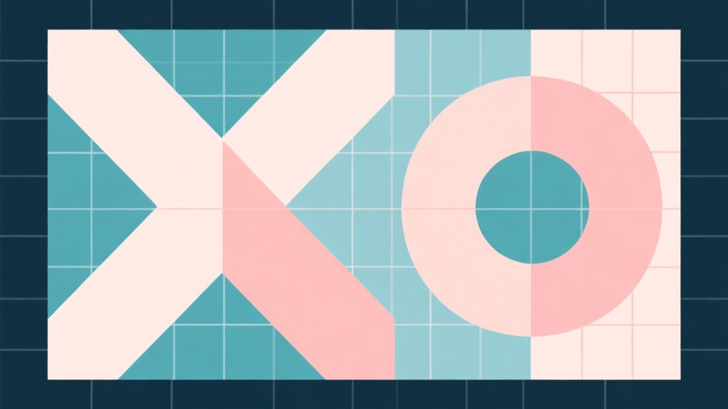 Abstract geometric composition with overlapping X and O shapes on a grid, soft pastel colors, modern minimal style, professional logic and game theory concept illustration high quality illustration, detailed, 16:9