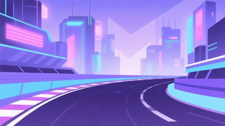 自动生成图片: Abstract geometric composition representing a cyberpunk cityscape with neon lights and racing track, soft purple and blue color scheme, clean minimal design, futuristic concept illustration high quality illustration, detailed, 16:9