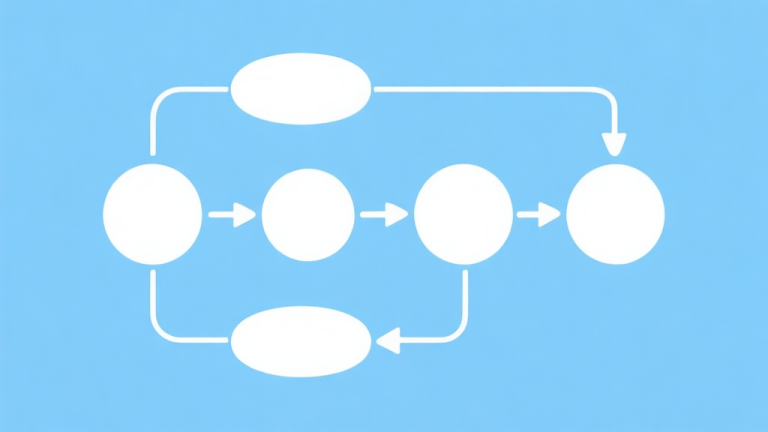 自动生成图片: Simple flowchart illustration with connected circles and arrows, light blue and white color scheme, clean minimal design, business presentation style high quality illustration, detailed, 16:9
