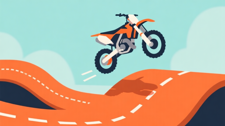 自动生成图片: A stylized, minimalist side-view of a motocross bike in mid-air on an abstract orange track, with dashed lines indicating a secret shortcut path, clean vector illustration, vibrant game-like colors high quality illustration, detailed, 16:9
