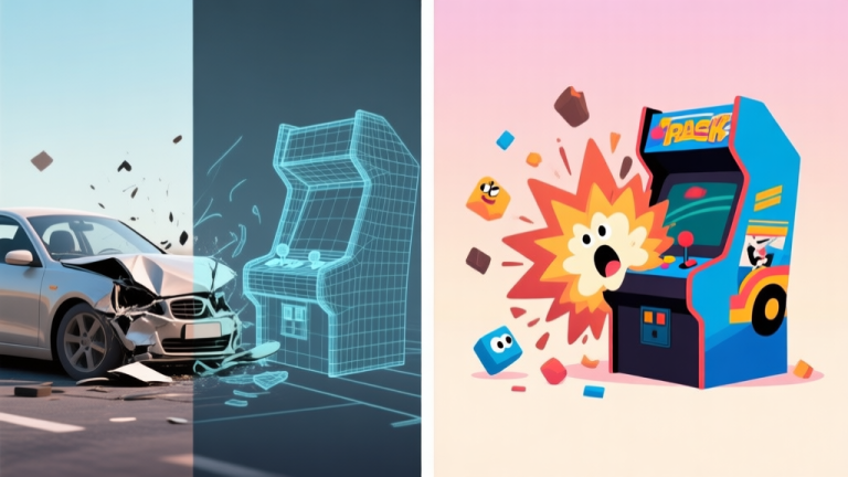 自动生成图片: Split-screen illustration contrasting a realistic car crash simulation with wireframe physics models on one side, and a stylized, exaggerated arcade car explosion with cartoonish debris on the other, soft gradient background, clean lines high quality illustration, detailed, 16:9