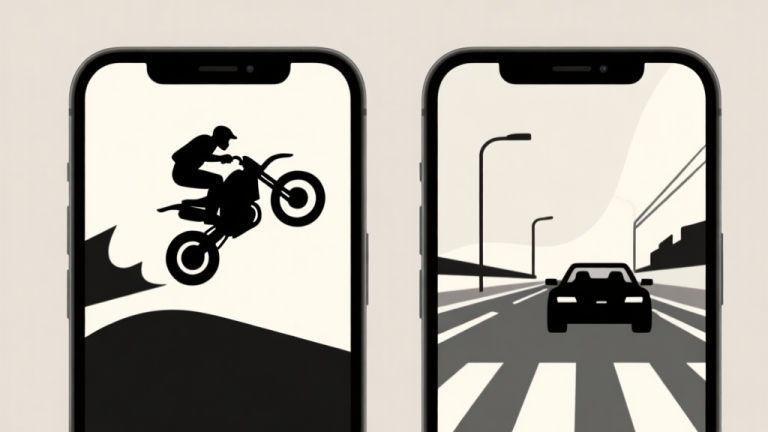 自动生成图片: Side-by-side comparison of two distinct mobile racing game screens on abstract smartphone silhouettes, one showing a stunt bike in mid-air and the other showing a street race, minimalist design with clean lines and a neutral background high quality illustration, detailed, 16:9