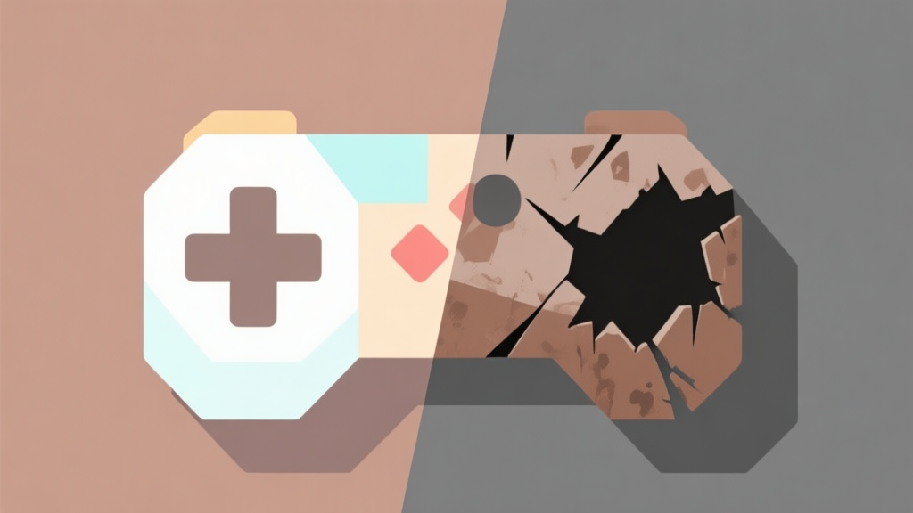 Abstract geometric composition showing a bright, clean game item transforming into a decayed, shadowy version, soft pastel colors turning to muted browns and grays, modern minimal style, visual representation of game mechanic high quality illustration, detailed, 16:9