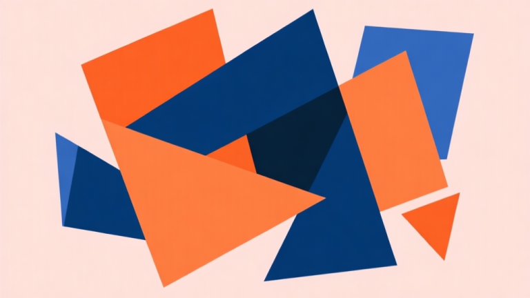 自动生成图片: Abstract geometric composition with overlapping shapes in vibrant orange and deep blue, soft pastel background, modern minimal style, representing chaotic fun and controlled excitement high quality illustration, detailed, 16:9