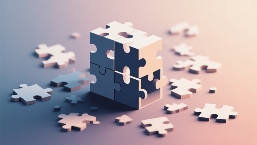 Abstract geometric composition showing a transformation from scattered puzzle pieces to a complete solved structure, soft gradient background, representing strategic thinking and mastery high quality illustration, detailed, 16:9