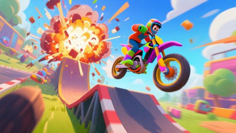 自动生成图片: A chaotic, fun racing game scene viewed from a third-person perspective, showing a colorful bike flying off a ramp with explosions in the background, cartoonish style, vibrant colors, sense of motion and chaos high quality illustration, detailed, 16:9
