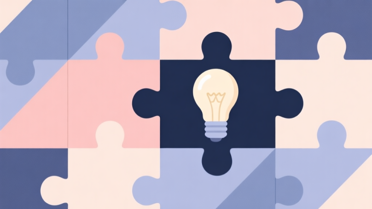 自动生成图片: Abstract geometric composition with overlapping puzzle pieces and lightbulb, soft pastel colors, modern minimal style, professional concept illustration of problem solving high quality illustration, detailed, 16:9