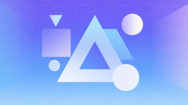 自动生成图片: Abstract geometric composition with overlapping triangles, squares, and circles in a digital space, soft gradient background of blue and purple, clean minimal style, representing the world of Vectaria.io high quality illustration, detailed, 16:9