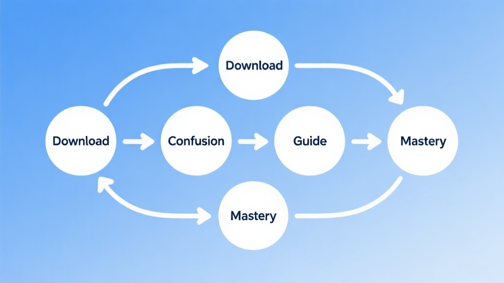 Simple flowchart illustration with connected circles and arrows labeled "Download", "Confusion", "Guide", "Mastery", light blue and white color scheme, clean minimal design, business presentation style high quality illustration, detailed, 16:9