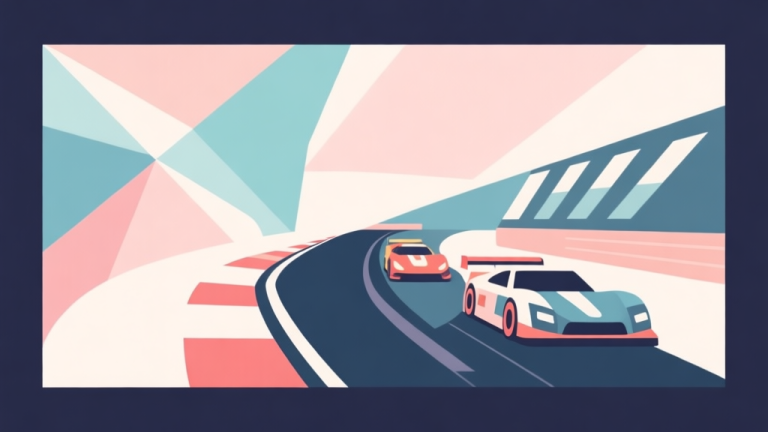 自动生成图片: Abstract geometric composition with overlapping shapes representing different racing game genres, soft pastel colors, modern minimal style, professional comparison concept illustration high quality illustration, detailed, 16:9