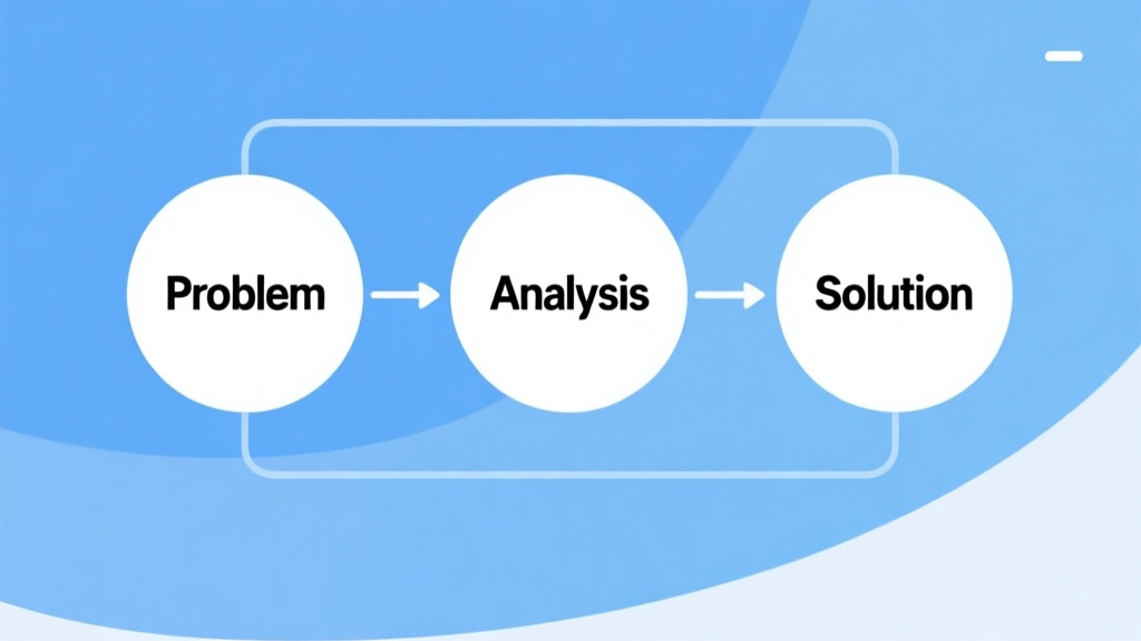 Simple flowchart illustration with connected circles labeled "Problem", "Analysis", "Solution", light blue and white color scheme, clean minimal design, business presentation style high quality illustration, detailed, 16:9