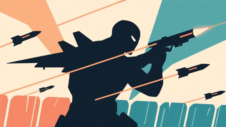 自动生成图片: Abstract illustration of a close-range fighter character silhouette blocked by multiple projectile lines and barriers, representing the struggle against a zoner, minimalist style with contrasting warm and cool colors, clean lines high quality illustration, detailed, 16:9