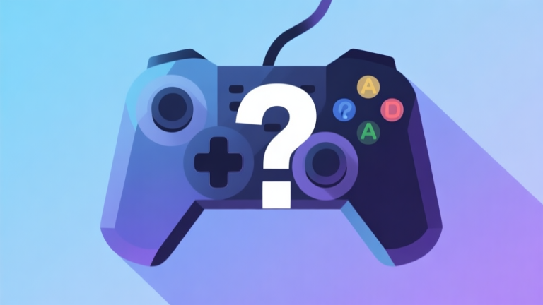 自动生成图片: Abstract geometric composition showing a video game controller with a question mark overlay, soft gradient background of blue and purple, clean minimal style, representing player frustration and strategy high quality illustration, detailed, 16:9