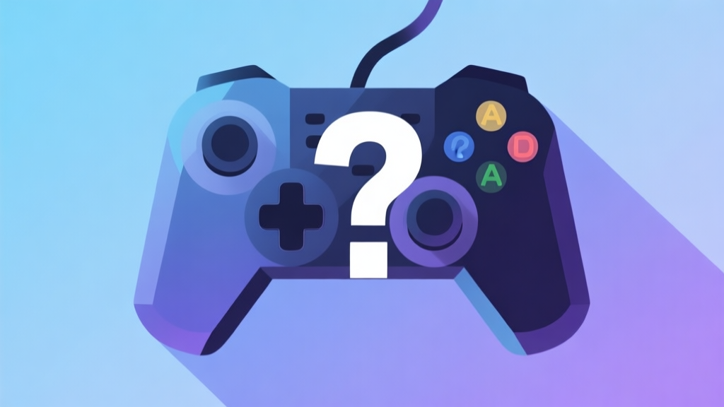 Abstract geometric composition showing a video game controller with a question mark overlay, soft gradient background of blue and purple, clean minimal style, representing player frustration and strategy high quality illustration, detailed, 16:9