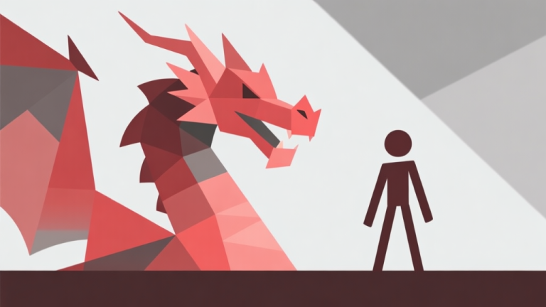 自动生成图片: Abstract geometric composition with overlapping shapes representing a dragon and a stickman figure, soft red and grey color scheme, modern minimal style, professional game concept illustration high quality illustration, detailed, 16:9