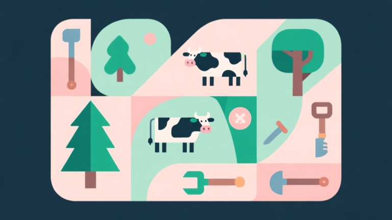 自动生成图片: Abstract geometric composition with overlapping shapes representing game elements like trees, cows, and tools, soft pastel colors, modern minimal style, professional game guide concept illustration high quality illustration, detailed, 16:9