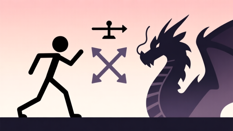 自动生成图片: A minimalist side-by-side comparison illustration. On the left, a simple, agile stickman figure in a dynamic pose. On the right, a large, imposing but abstract dragon silhouette. Between them, a scale icon and intersecting arrows, on a soft gradient background. Clean, geometric, game concept art style. high quality illustration, detailed, 16:9
