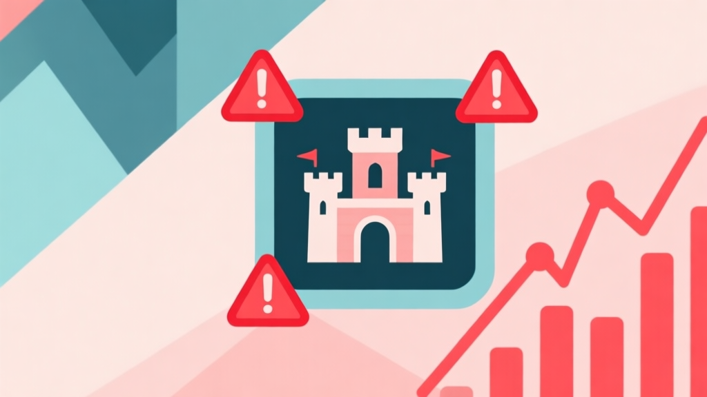 Abstract geometric composition showing a castle icon being surrounded by red warning symbols and a downward trending resource graph, soft pastel colors, modern minimal style, professional game analysis concept illustration high quality illustration, detailed, 16:9