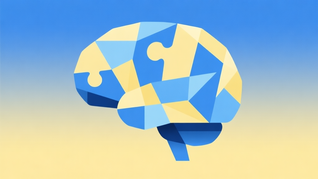 Abstract geometric brain puzzle with interlocking pieces, soft gradient blue and yellow background, clean minimalist design, concept of problem solving and creative thinking high quality illustration, detailed, 16:9