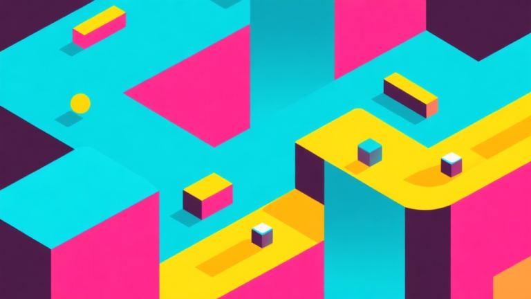 自动生成图片: Abstract geometric composition with overlapping shapes in vibrant game-like colors (cyan, magenta, yellow), showing paths and obstacles, clean minimal style, modern gaming concept illustration high quality illustration, detailed, 16:9