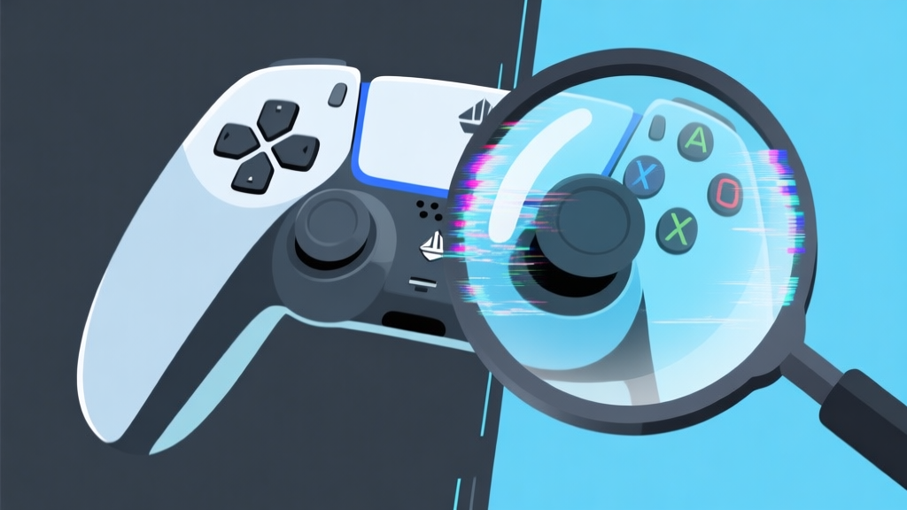 Abstract illustration of a game controller with a magnifying glass over the right stick, showing digital glitch effects on one side and smooth precision on the other, soft blue and dark grey color scheme, clean esports design style high quality illustration, detailed, 16:9