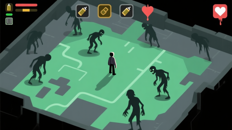 自动生成图片: A top-down minimalist view of a game map, showing a lone character surrounded by abstract zombie silhouettes, with resource icons (ammo, health) depleting, in a dark green and grey color scheme, clean digital art style high quality illustration, detailed, 16:9