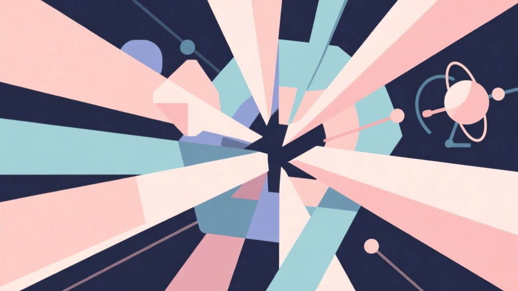 Abstract geometric composition with overlapping shapes representing physics concepts like momentum and collision, soft pastel colors, modern minimal style, professional game concept illustration high quality illustration, detailed, 16:9
