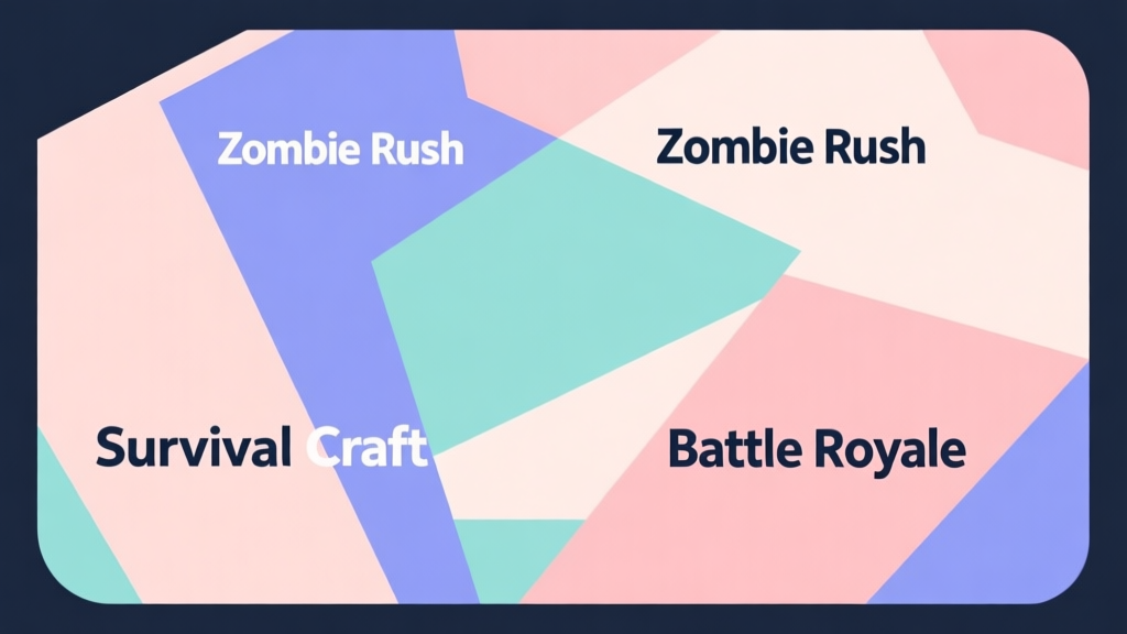 Abstract geometric composition with overlapping shapes labeled "Zombie Rush", "Survival Craft", "Battle Royale", soft pastel colors, modern minimal style, professional comparison concept illustration high quality illustration, detailed, 16:9