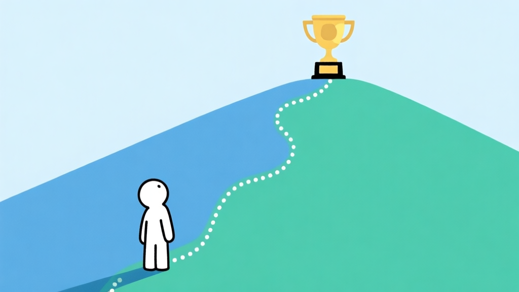 A minimalist illustration showing a simple character figure at the bottom of a slope, looking up at a trophy at the peak, with dotted lines showing a winding path upwards, in a soft blue and green color scheme, clean flat design high quality illustration, detailed, 16:9