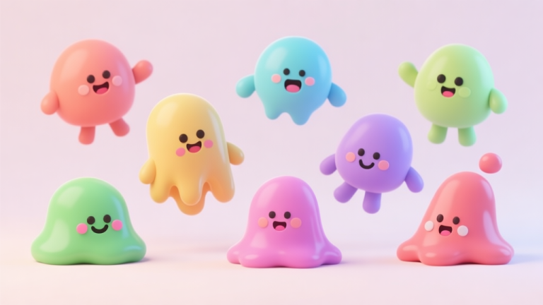 自动生成图片: A cheerful, simple 3D render of various cute slime characters with different colors and expressions, arranged playfully on a clean pastel background, minimalist game art style high quality illustration, detailed, 16:9