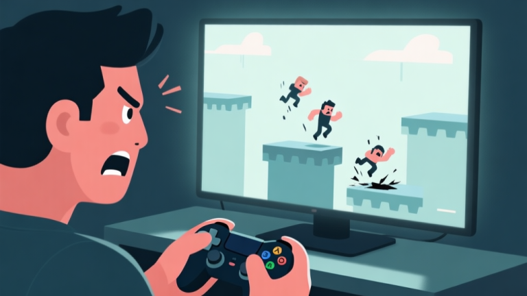 自动生成图片: A frustrated gamer looking at a screen showing a character repeatedly falling off a platform, minimalist style with a focus on the controller and the on-screen failure, soft lighting high quality illustration, detailed, 16:9