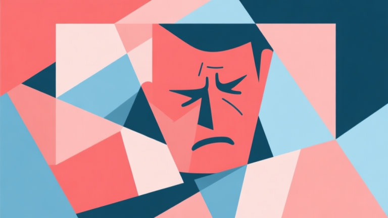 自动生成图片: Abstract geometric composition with overlapping shapes representing frustration and challenge, soft red and blue pastel colors, modern minimal style, professional psychology concept illustration high quality illustration, detailed, 16:9