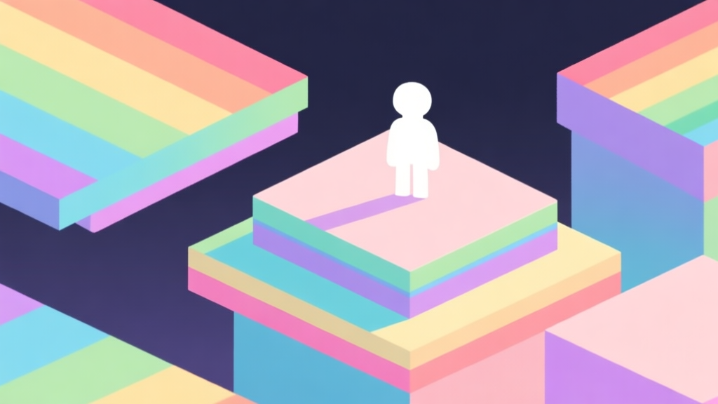 Abstract geometric composition with overlapping colorful platforms and a simple character silhouette, soft pastel rainbow colors, modern minimal style, video game concept illustration high quality illustration, detailed, 16:9
