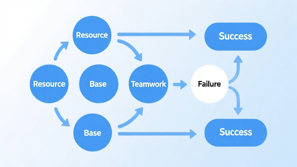 Simple flowchart illustration with connected circles and arrows labeled "Resource", "Base", "Teamwork", leading to "Failure" and "Success" paths, light blue and white color scheme, clean minimal design high quality illustration, detailed, 16:9