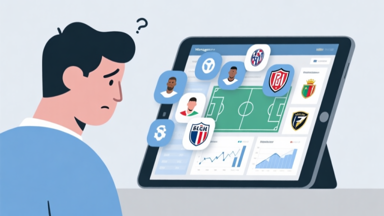 自动生成图片: A minimalist illustration of a confused person looking at a complex football manager dashboard on a tablet, with overlapping icons of players, graphs, and league logos, soft blue and grey color scheme, clean lines high quality illustration, detailed, 16:9