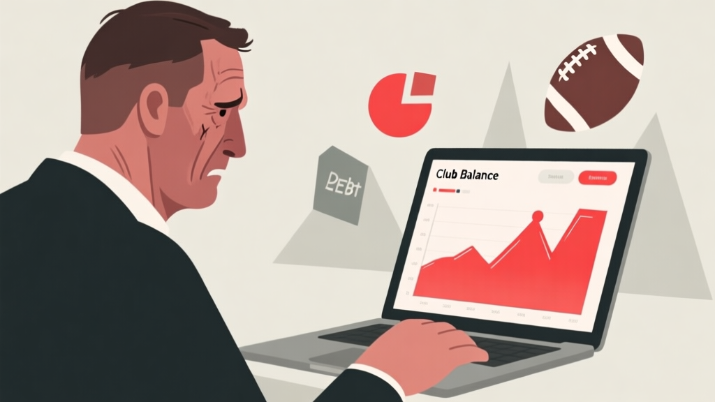 A distressed football manager looking at a laptop screen showing red financial charts and a low club balance, with simple geometric shapes representing debt and expenses, in a minimalist style with a muted color palette high quality illustration, detailed, 16:9