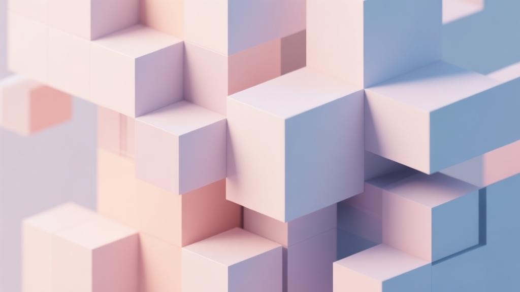 Abstract geometric composition with overlapping cubes and voxels, soft pastel colors, modern minimal style, professional digital art concept illustration high quality illustration, detailed, 16:9
