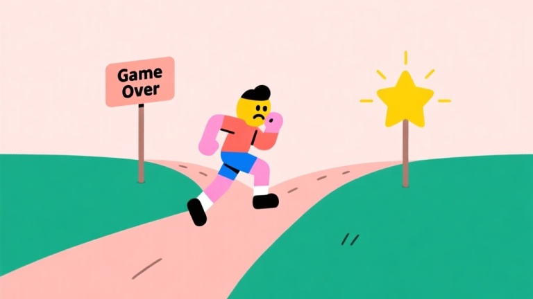 自动生成图片: A minimalist illustration of a colorful runner character hesitating at a fork in a path, with one path leading to a "Game Over" sign and the other to a shining star. Soft pastel background, clean lines, flat design style. high quality illustration, detailed, 16:9