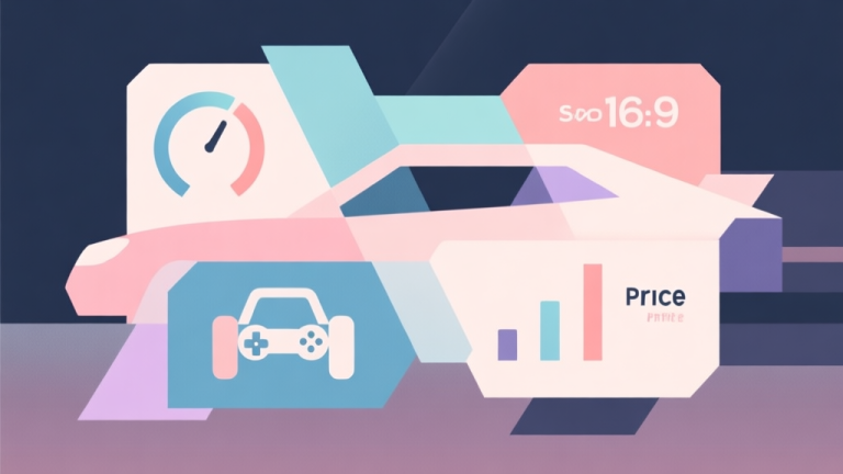自动生成图片: Abstract geometric composition with overlapping shapes representing car stats like speed, handling, and price, soft pastel colors, modern minimal style, professional gaming concept illustration high quality illustration, detailed, 16:9